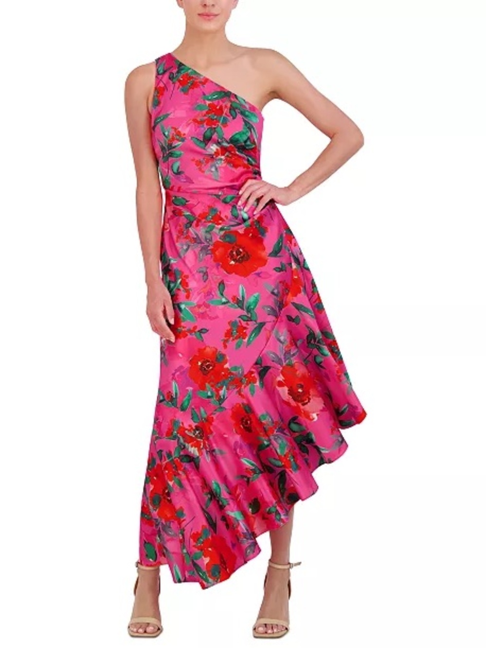 Eliza J Pink and Red Floral One-Shoulder Midi Dress